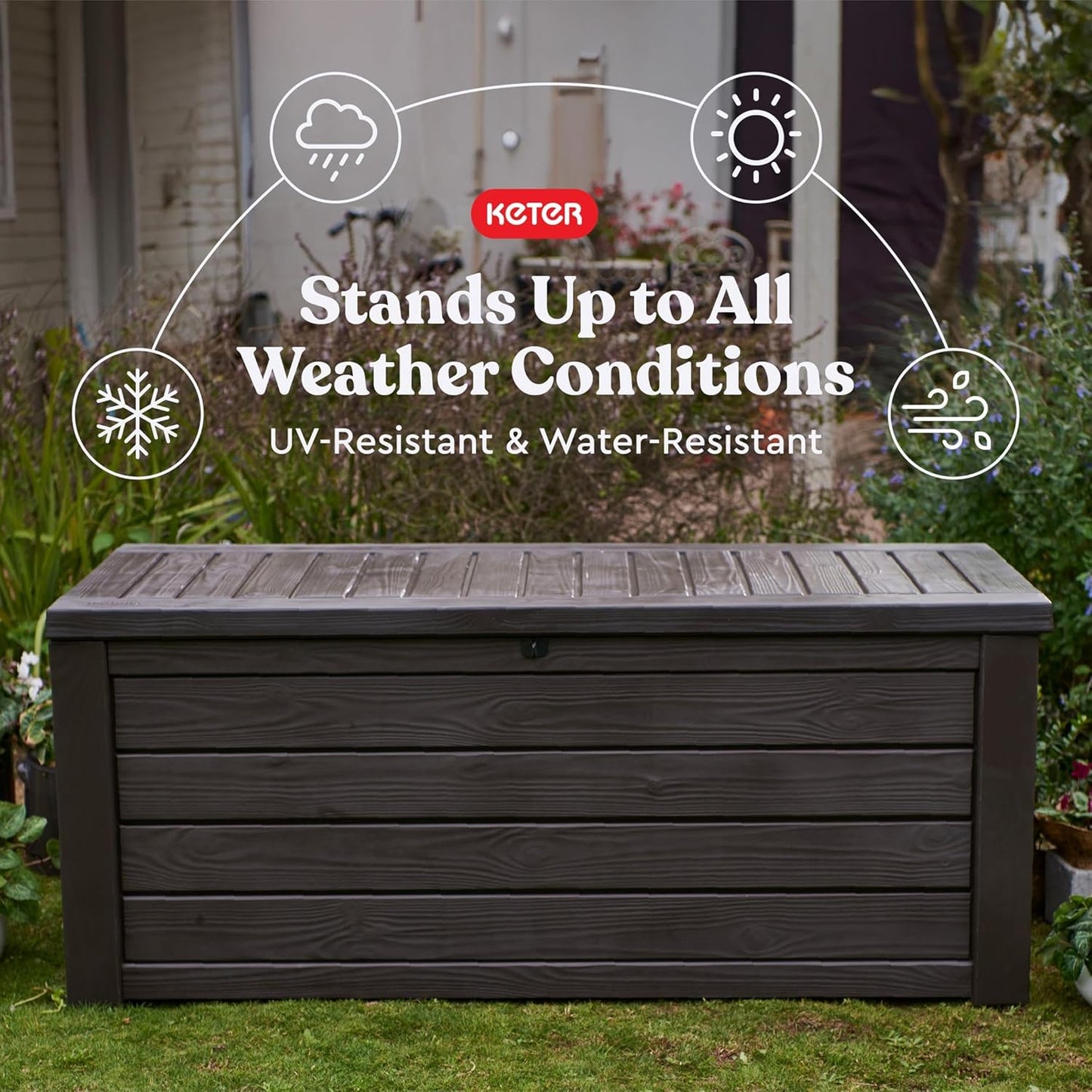 Keter Westwood 150 Gallon Deck Box - Large Resin Outdoor Storage & 2-Person Bench Seat in Brown