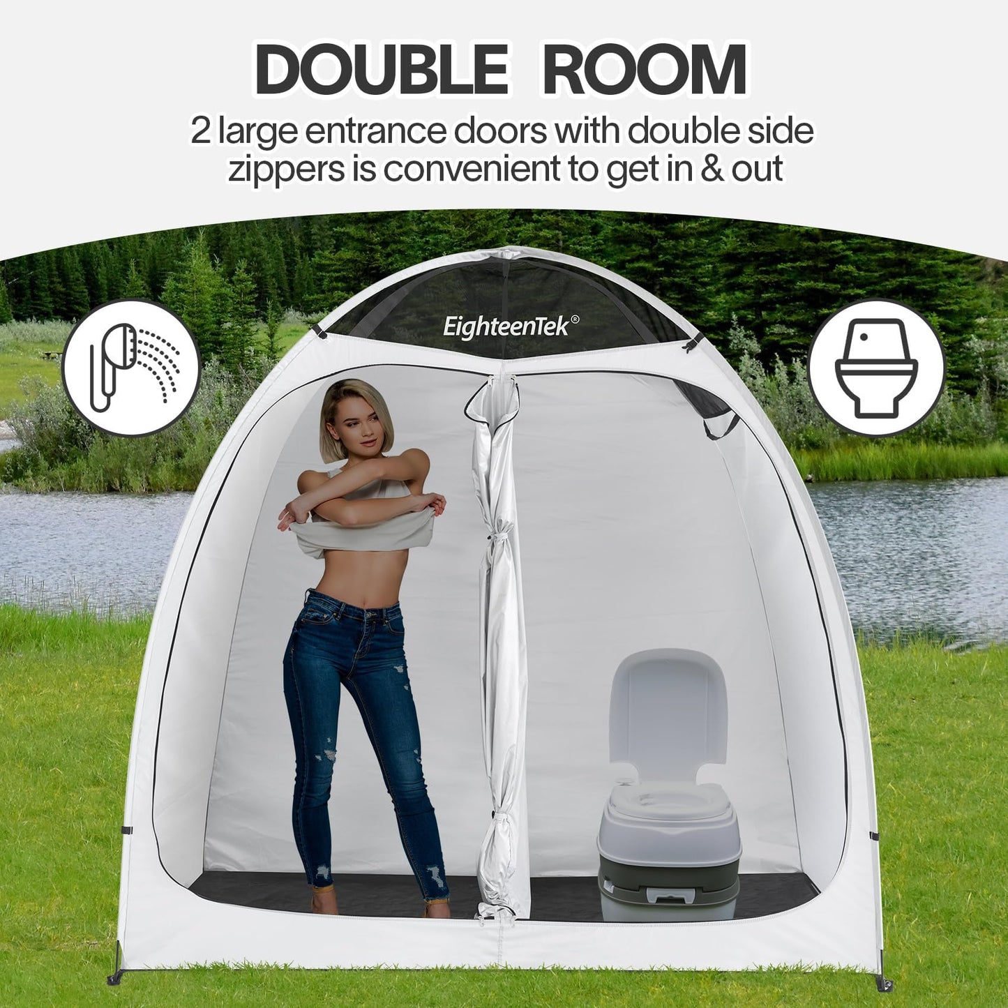 EighteenTek® Shower Tent Changing Room 2 Rooms Outdoor Pop Up Camping Portable Privacy Dressing Shelter 83"x43"x80"H
