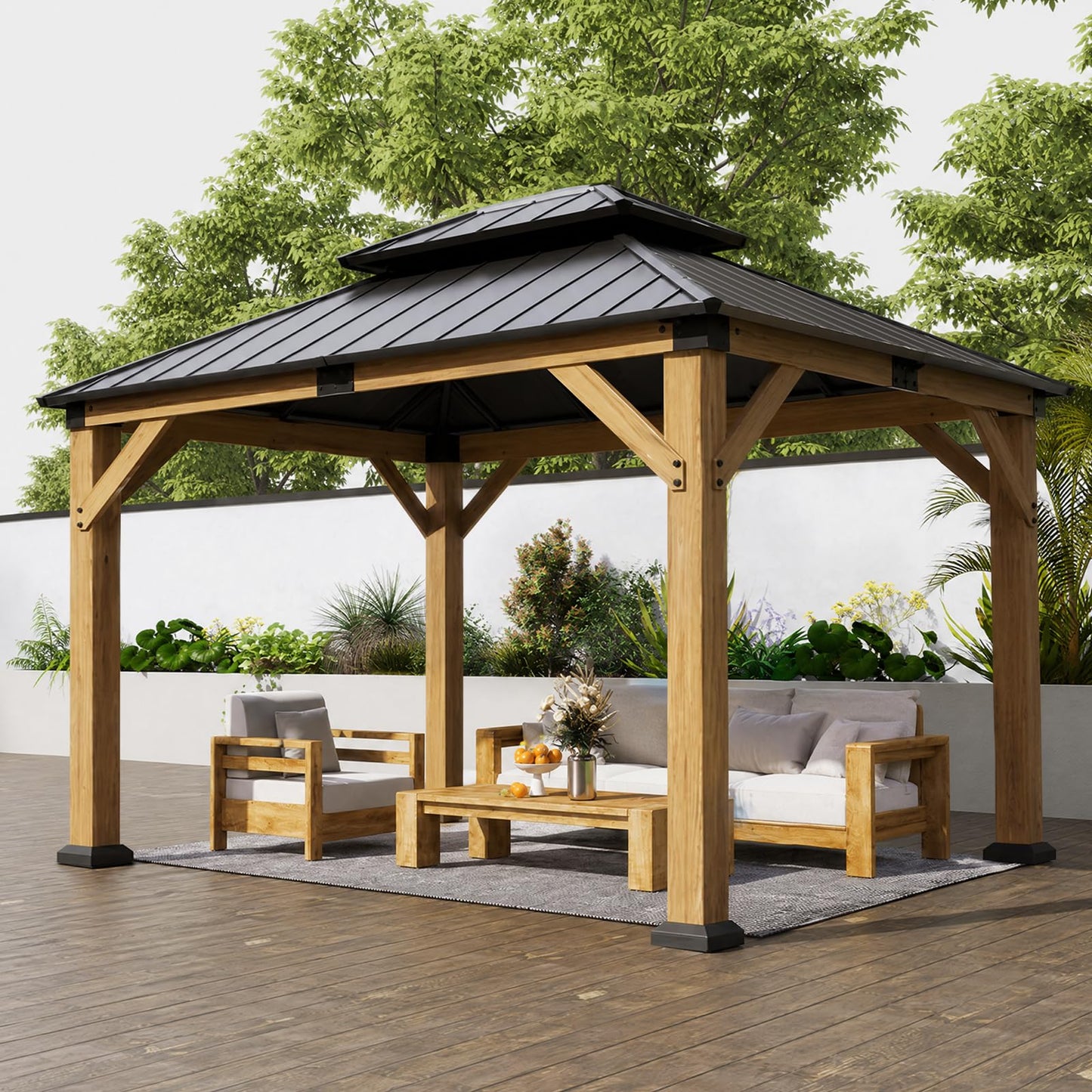 Jocoevol 10' X 12' Wood Gazebo Hardtop Outdoor Permanent Pavilion with Double Galvanized Steel Roof Snow Support, Wind Resistance for Backyard Garden, Lawns, Patio