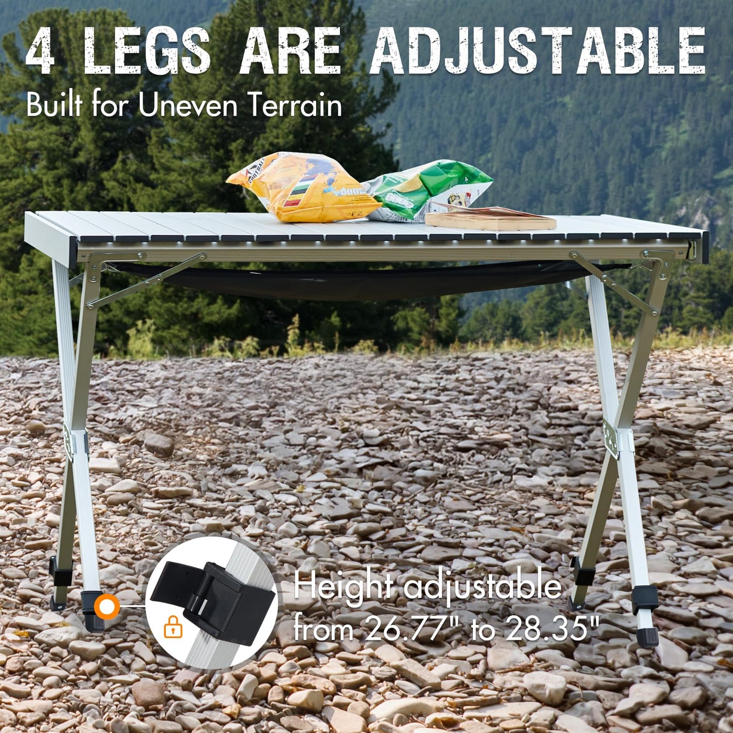 Portal Folding Outdoor Camping Table with Adjustable Height, Aluminum Roll-Up Top and Carry Bag, Big Large Portable Tables for Picnic, BBQ and Tailgating, Silver