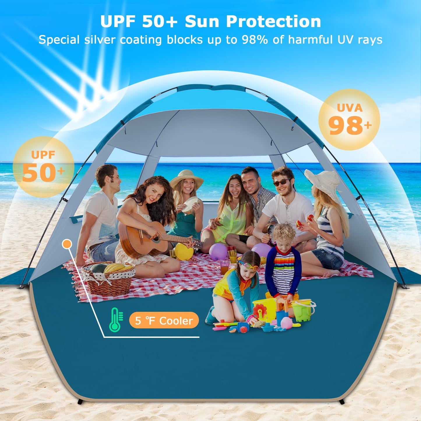 COMMOUDS Beach Tent Sun Shelter for 3/4/6/8 Person, UPF 50+ UV Protection Beach Shade Canopy Tent, Lightweight, Easy Set Up and Carry