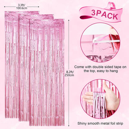 Voircoloria Light Pink Foil Fringe Backdrop Curtains - 3 Pack Tinsel Streamers for Parties & Events