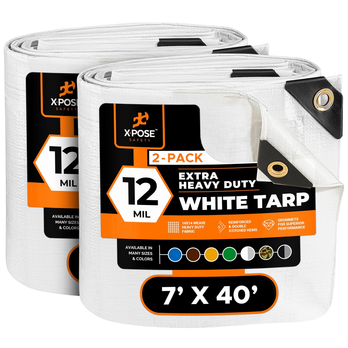 Heavy Duty White Poly Tarp 7' X 40' (2-Pack) - Multipurpose Protective Cover - Durable, Waterproof, Weather Proof, Rip and Tear Resistant - Extra Thick 12 Mil Polyethylene - by Xpose Safety