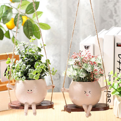 Suclain 2 Pcs Swinging Planter Pots Funny Planters Hanging Cute Planters for Women Gift Indoor Outdoor Resin Smile Faces with Drainage Holes Succulent Pot String of Pearls Plant Flower