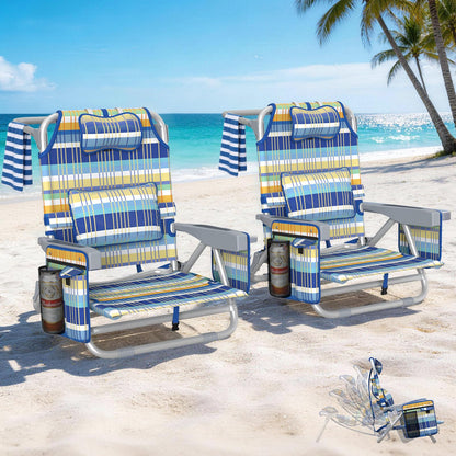 5-Position Backpack Beach Chairs for Adults, Foldable Heavy-Duty Beach Chair with Lumbar,Cooler Bag,Cup Holder,Towel Rack for Beach, Camping, Outdoor(2Pack)