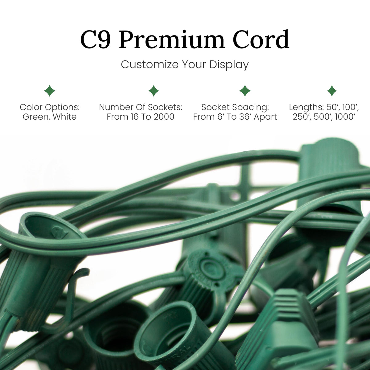Christmas Designers Pro Christmas C9 Light Cord, 50 ft, 40 Bulb Sockets, 15in Spacing, Green Wire, Outdoor Holiday Decor