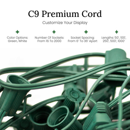Christmas Designers Pro Christmas C9 Light Cord, 50 ft, 40 Bulb Sockets, 15in Spacing, Green Wire, Outdoor Holiday Decor