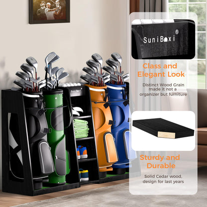 SuniBoxi Golf Organizer for Garage, XL Wooden Golf Bag Storage Rack for 4 Bags, Clubs, Balls & Equipment, Heavy-Duty Golf Bag Holder, Ideal Gift for Golfers, Dad, Husband(4 Bags,Dark Black)