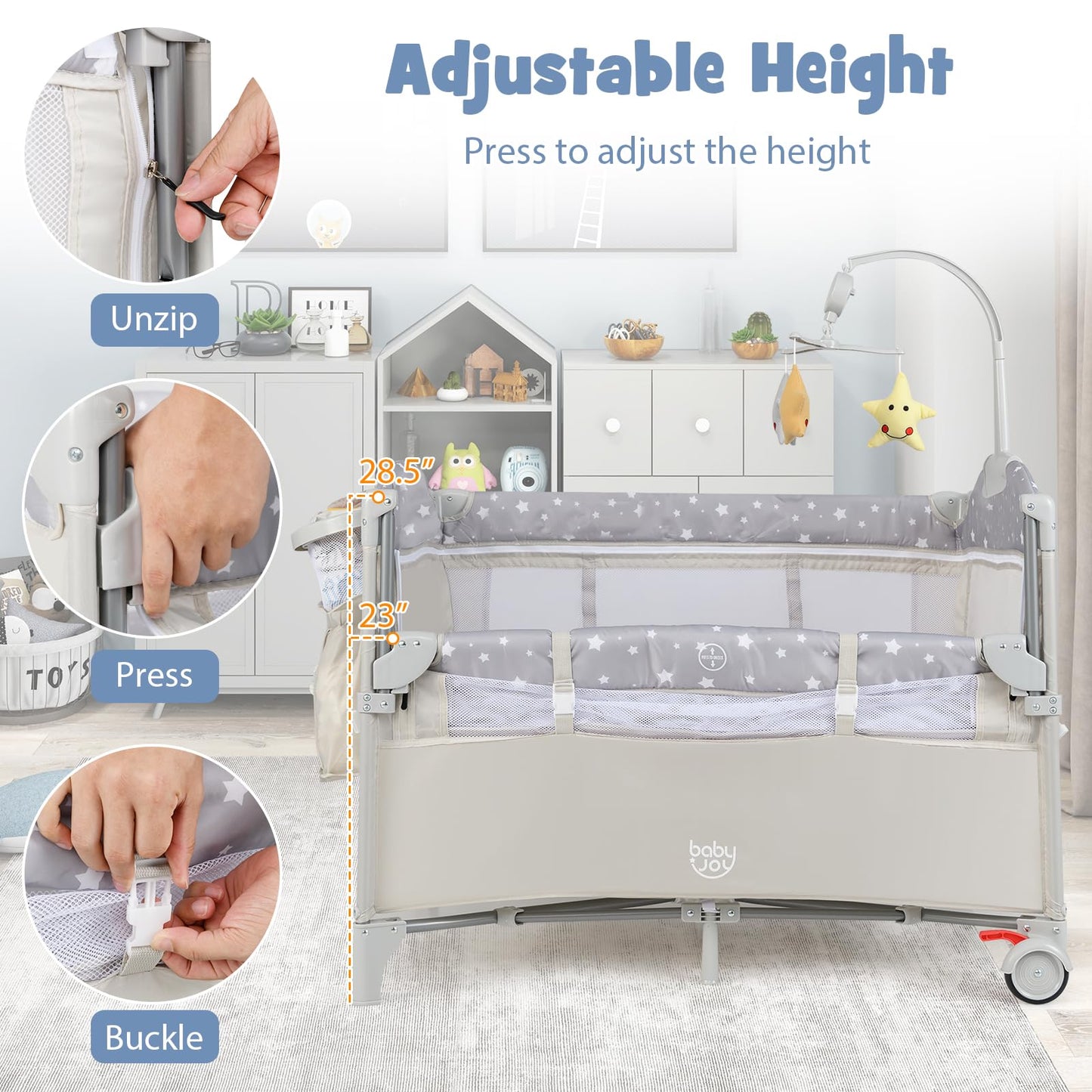 BABY JOY 5-in-1 Pack and Play, Portable Baby Bedside Sleeper with Bassinet, U-Shaped Diaper Changer, Safety Strap, Side Zipper Entrance, Hangings, Bedside Crib Playard from Newborn to Toddlers (Beige)