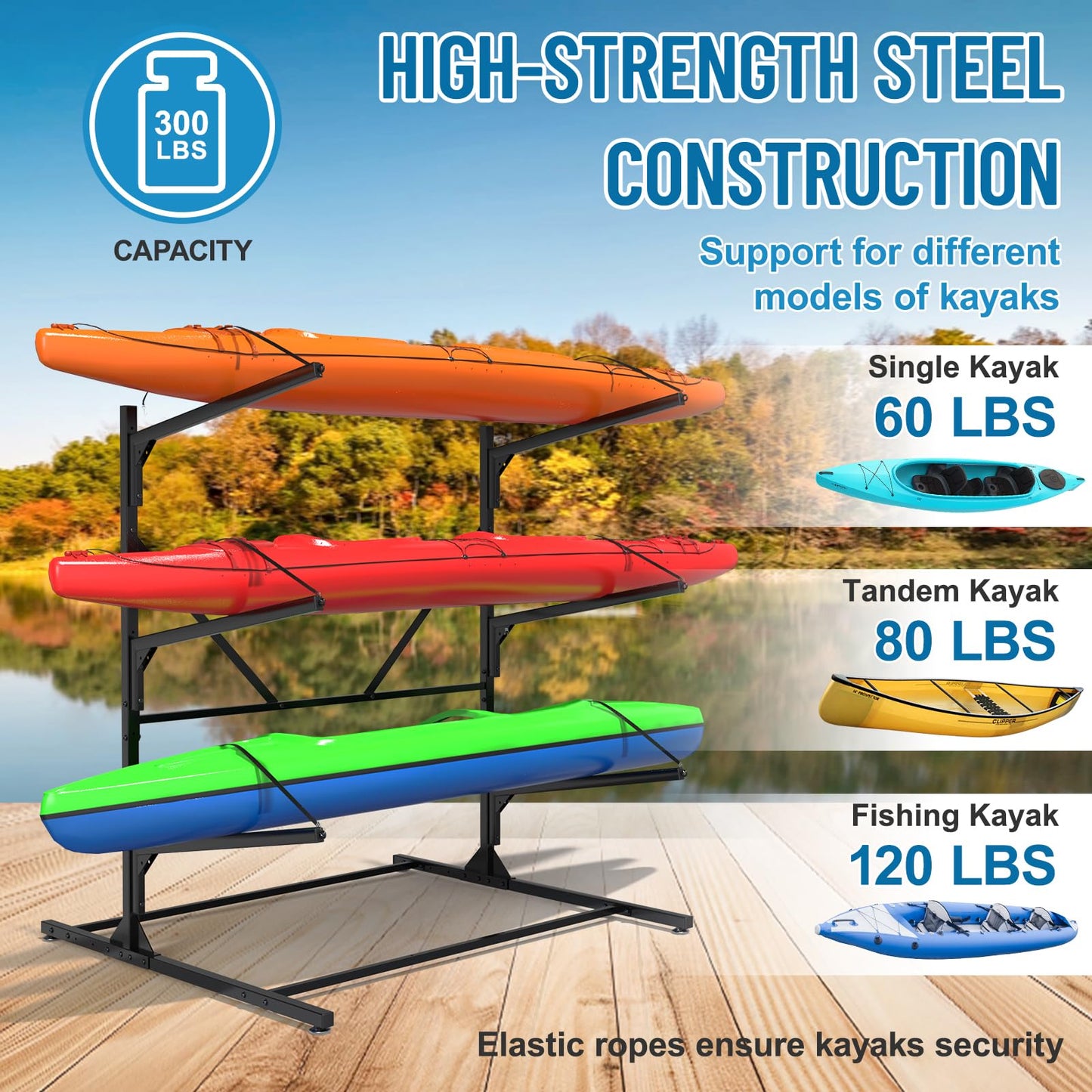 LXVOOEE Kayak Storage Rack, Heavy Duty Freestanding Kayak Rack for Garage and Outdoor Storage, Kayak Stand Adjustable for Kayak, Canoe, Surfboard and Paddle Board