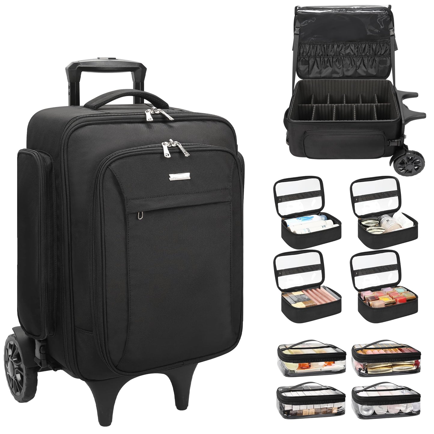 Relavel Rolling Makeup Case with Makeup Brush Case, Large Make Up Travel Organizer with 2 big Wheels, Professional Lockable Makeup Artist Backpack with Adjustable Dividers for Daily Use, Trip - Black