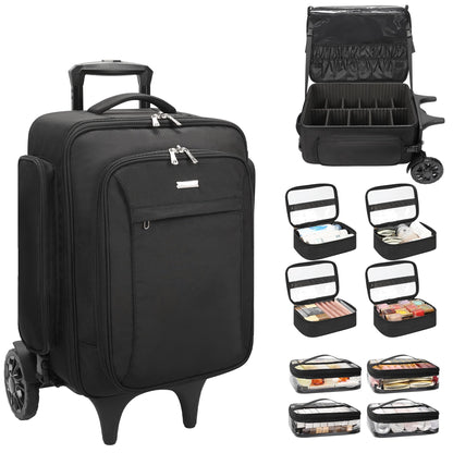 Relavel Rolling Makeup Case with Makeup Brush Case, Large Make Up Travel Organizer with 2 big Wheels, Professional Lockable Makeup Artist Backpack with Adjustable Dividers for Daily Use, Trip - Black