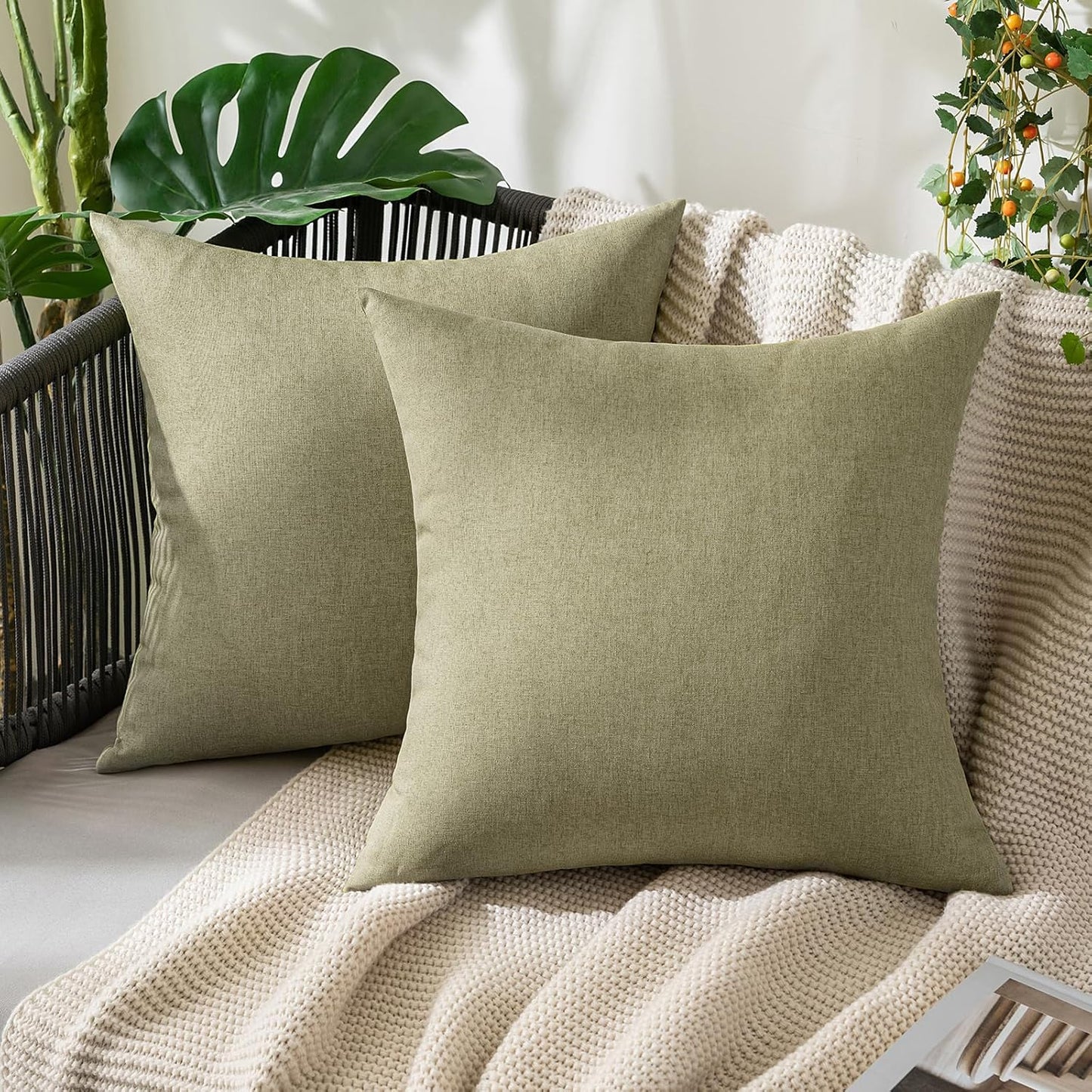 MIULEE Decorative Outdoor Throw Pillow Covers - Waterproof Faux Linen Cushion Cases | 20x20 Inch Light Olive Green (Pack of 2)