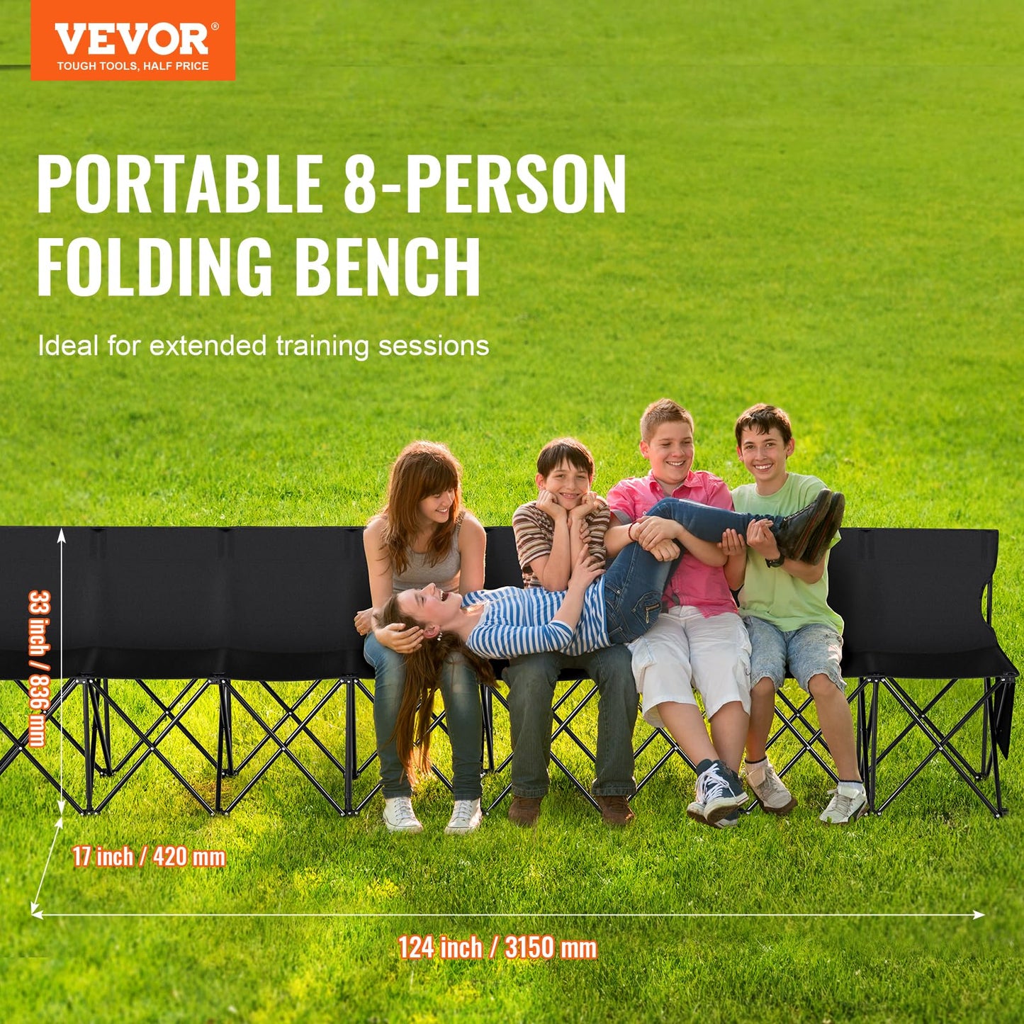 VEVOR Portable Folding Bench, 8 Seats Foldable Sideline Bench, Outdoor Camping Bench Chair with Carry Bag & Backrest, Team Sport Sideline Bench for Football Fishing, No Assembly Instant Seating, Black