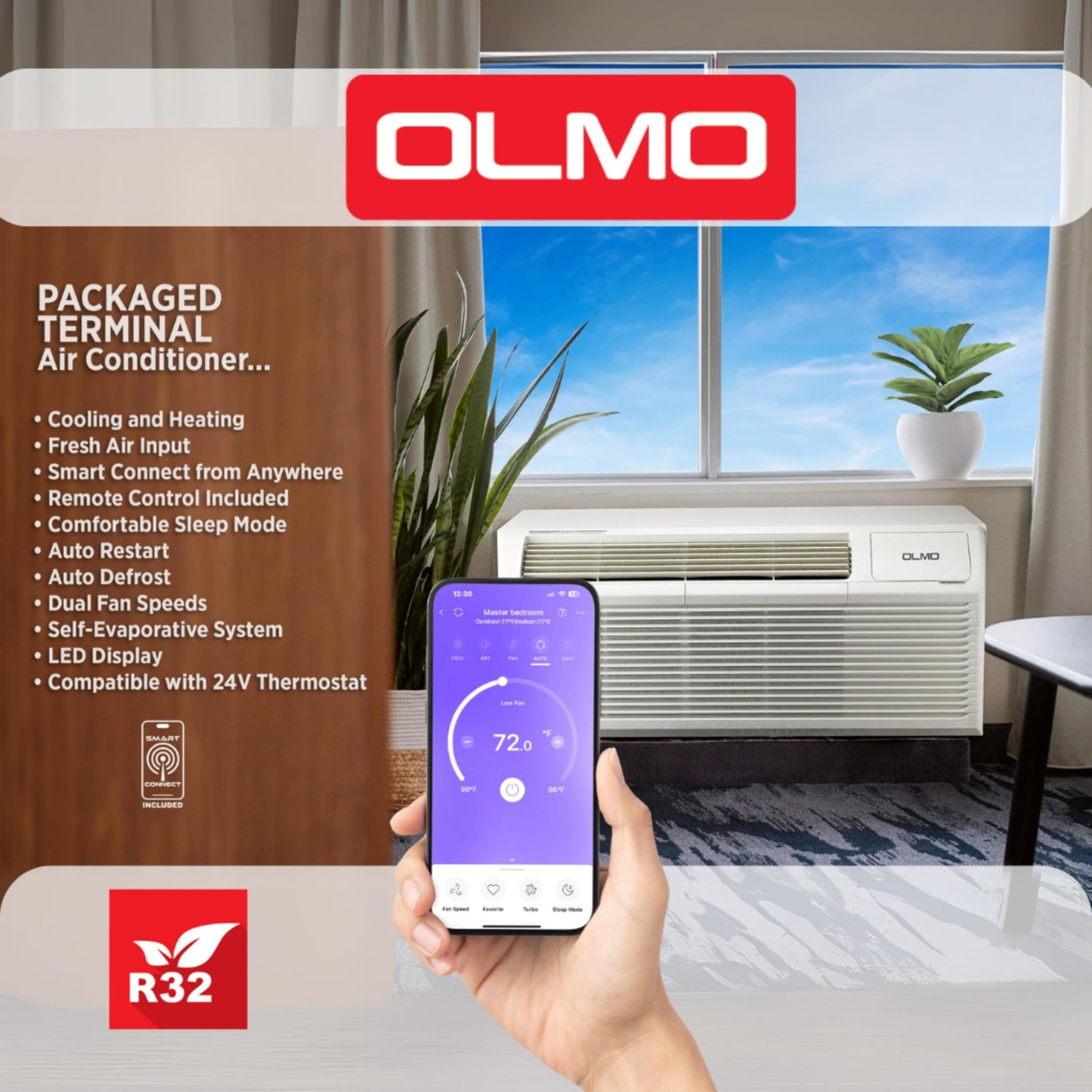 OLMO 9,000 BTU PTAC – Heating & Cooling – Packaged Terminal Air Conditioner & Heat Strip – Built-In 3.5kW Electric Heater – Includes Wireless Smart Kit, Remote & Power Cord – R-32 Refrigerant