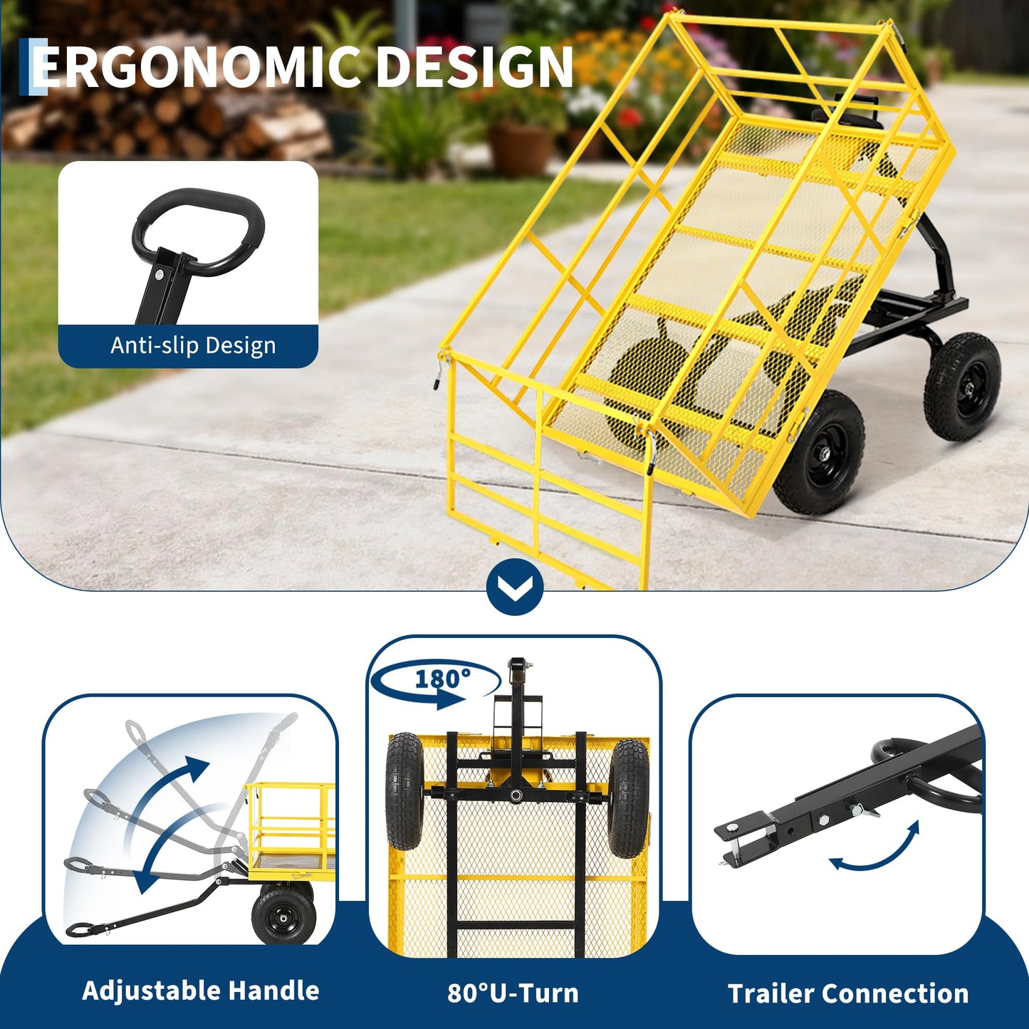 Heavy Duty 1500 Lbs Capacity Mesh Steel Garden Cart Folding Utility Wagon with Removable Sides, Garden Cart on Wheels for Gardening Soil, Tools, and Plant Transport