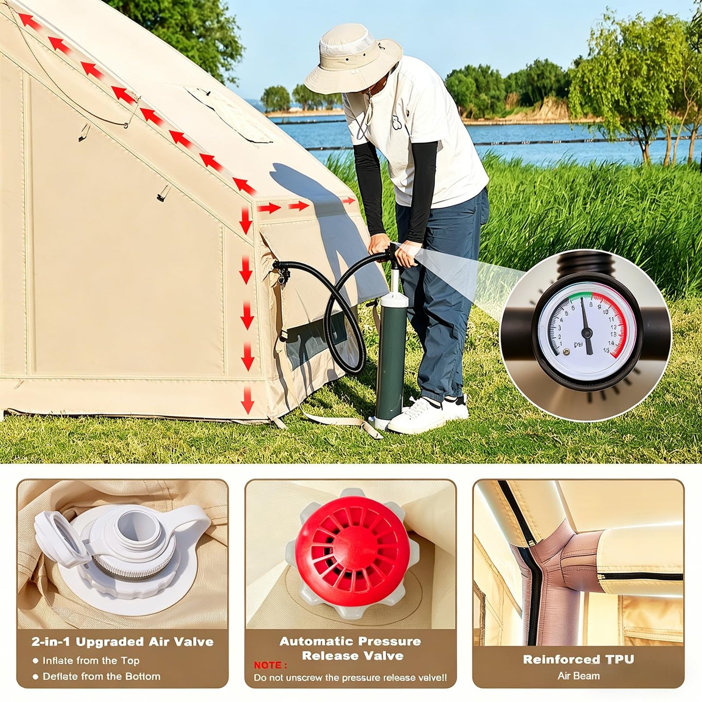 Inflatable Tents for Camping, Blow Up Tent with Hand Pump, Easy Setup Inflatable Hot Tent with Stove Jack, Waterproof Oxford Air Glamping Tents for Camping Adult 4 Person Upgrade Version