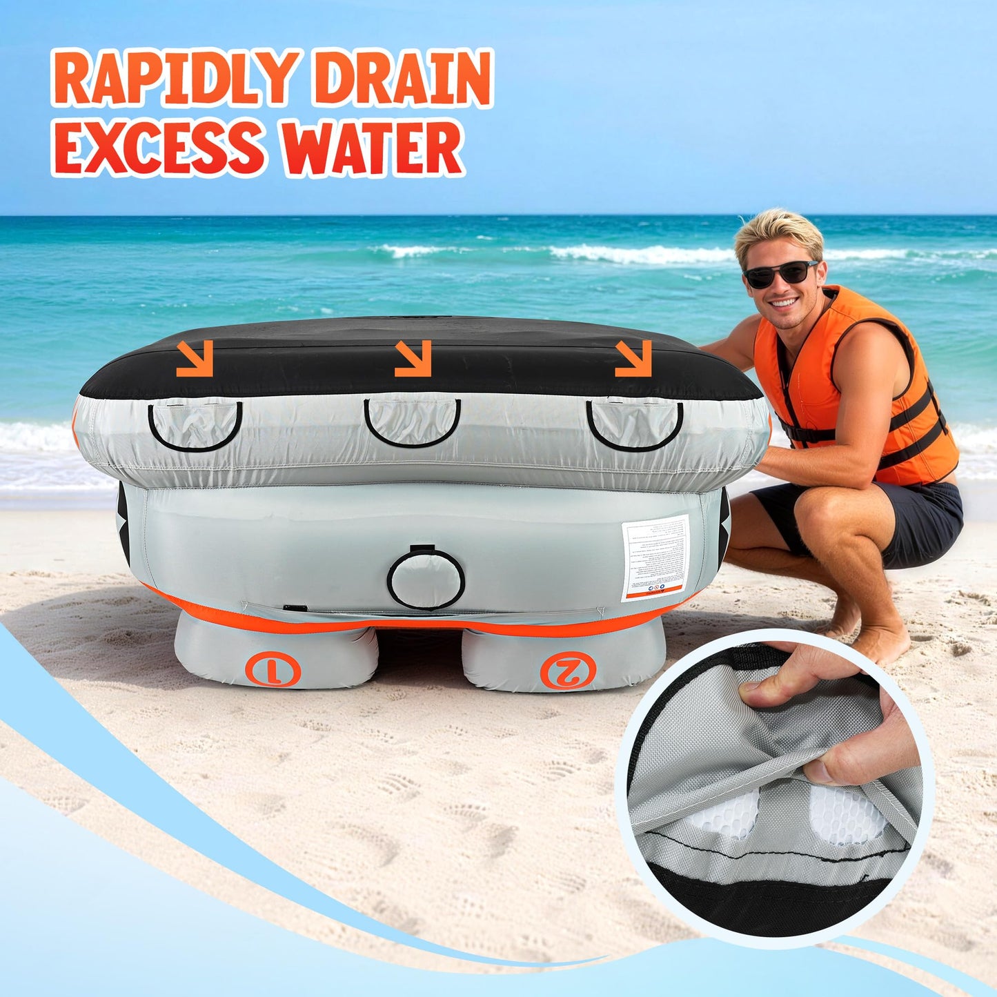 K-Musculo Towable Tubes Heavy Duty Water Tubes - 2 Person Shark Battle Tank, Boat Tubes & Towables, EVA Foam Pads, Drainage, Super Safe Handle, Quick Connector (F-1012)