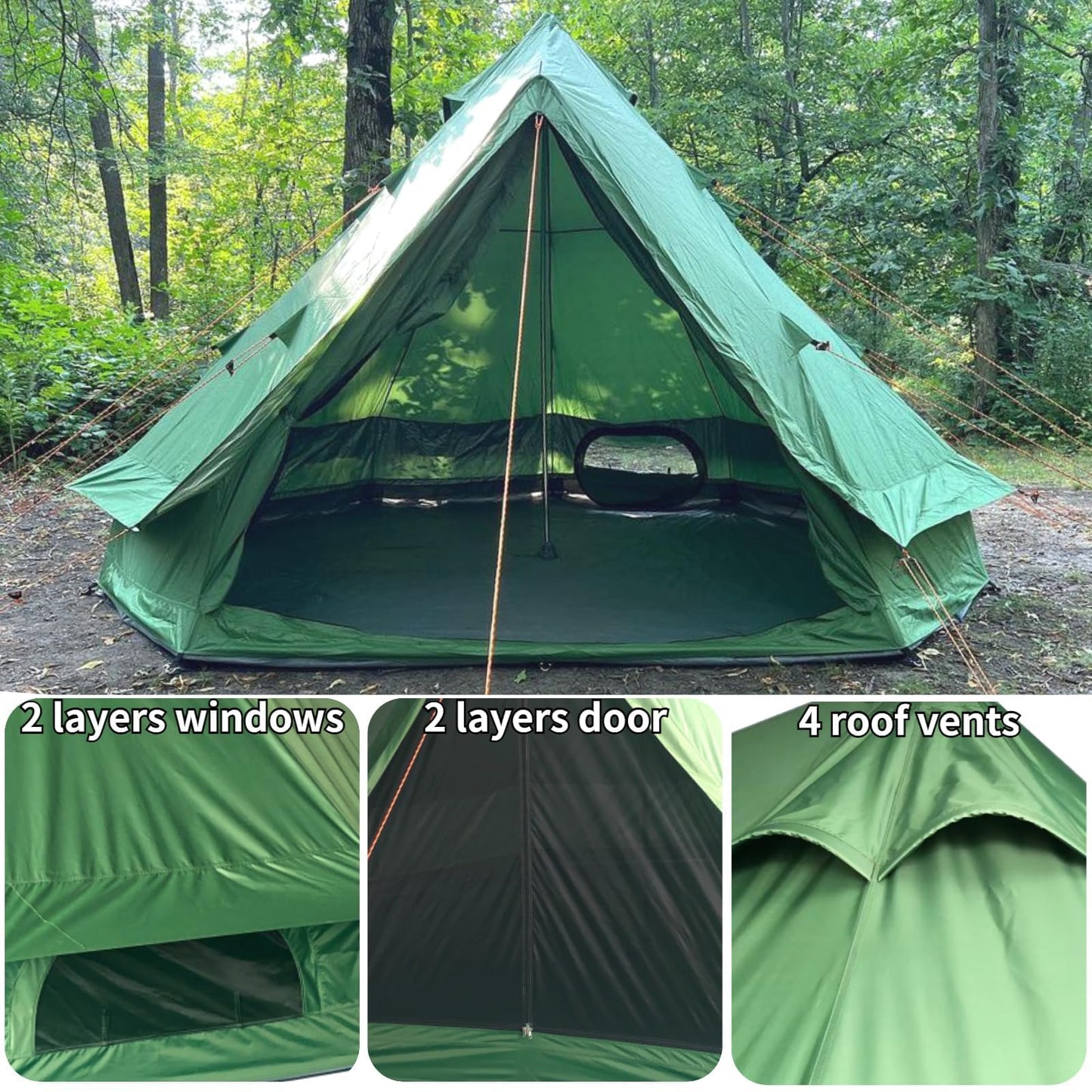 DANCHEL OUTDOOR B1 Portable Yurt with Footprint, Waterproof 4-6 Persom Family Camping Bell Tent 300D Oxford Nylon UPF50+ Sun Protection, Green 13ft/4m