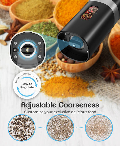 Electric Salt and Pepper Grinder Set, New Rechargeable Salt and Pepper Mill with 4*Rechargeable Batteries, Charging Base, White Light, One Hand Automatic Operation, Black, 2Pack