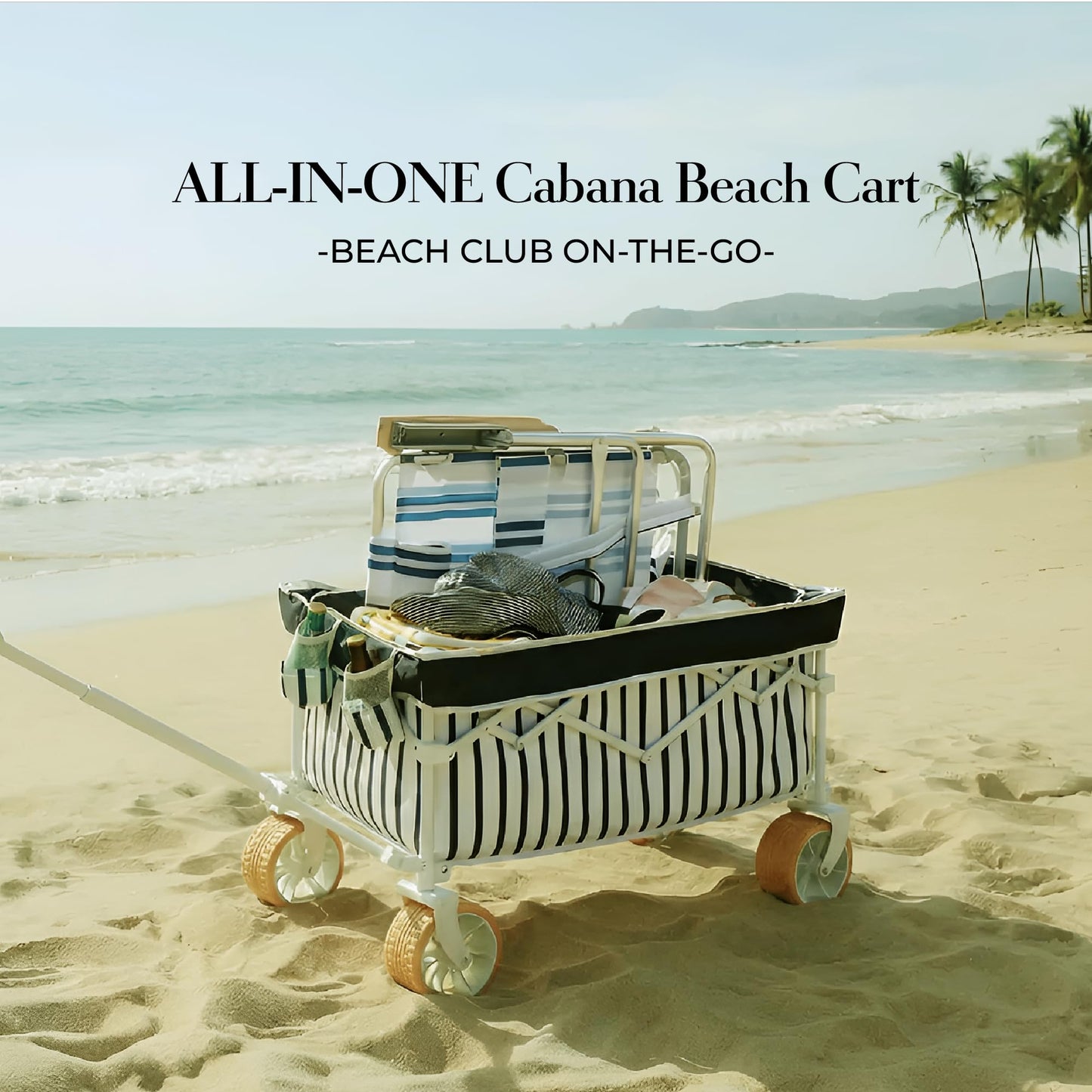 DEER LAND Beach Wagon for Sand with 6.7" Fat Tires, Foldable Beach Cart for Beach & Camping, Large Capacity Easy-Pull Wagon, Heritage Navy Stripe