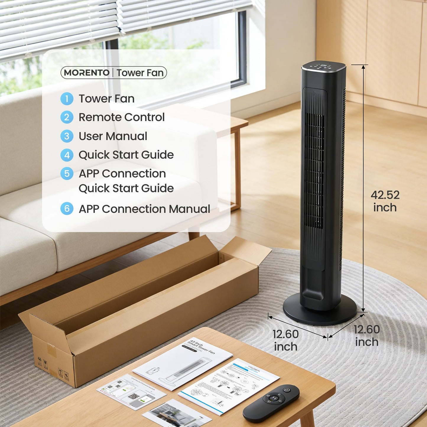 MORENTO Tower Fan for Bedroom, 2026 Upgraded 90° Oscillating 43" Standing Fan with 4 Speeds, 4 Modes, 25ft/s Velocity Bladeless Fan with APP/Voice/Remote/Touch Control, 28dB, 12H Timer, Black 1Pack