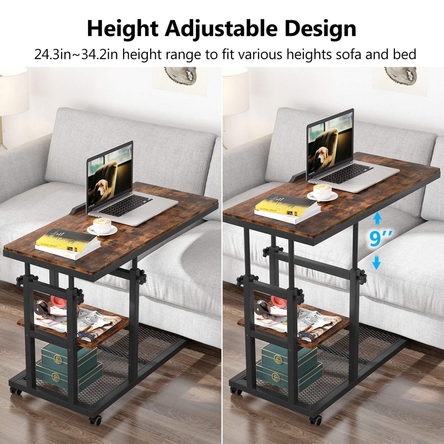 Tribesigns Height Adjustable C Table with Wheels, Mobile Couch Snack Side Table with Tiltable Drawing Board, Sofa Bedside Laptop Stand C Shaped TV Tray with Storage Shelves (Brown)