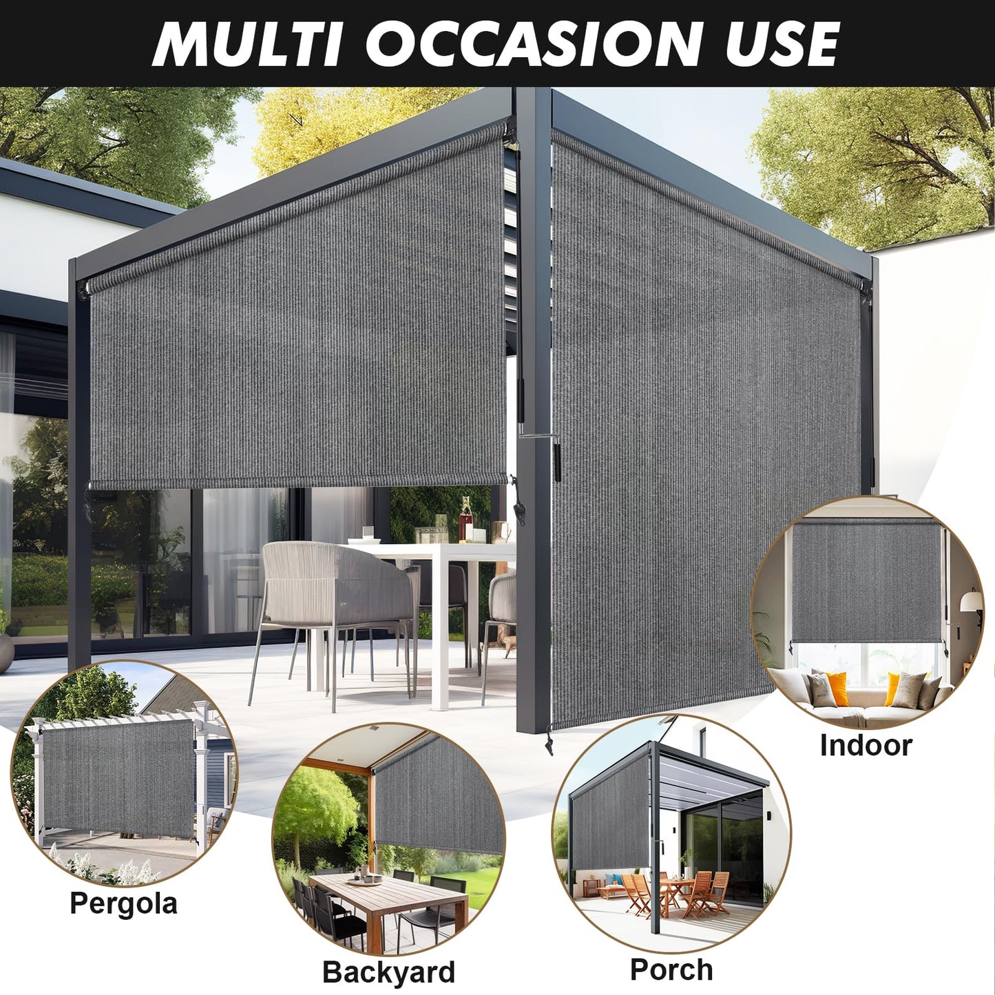 Artpuch Outdoor Roller Shade 9' W x 8' H, Gray Exterior Cordless Patio Shades Roll Up Blinds with Spliced Pole Design, One-Piece Fabric