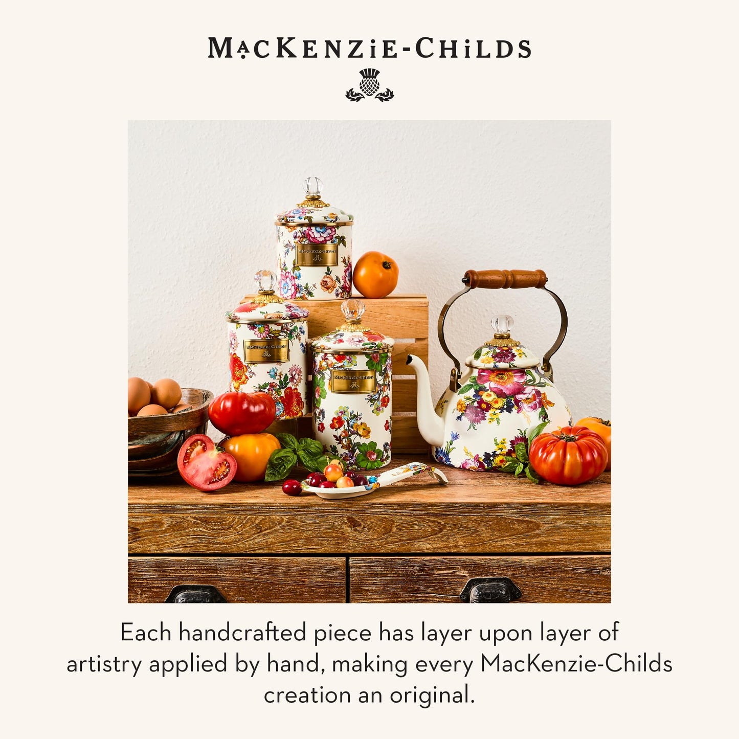 MACKENZIE-CHILDS Enamel Canister Set, Mini (14 oz.), Demi (24 oz.), and Small (38 oz.) Kitchen Containers, White Flower Market