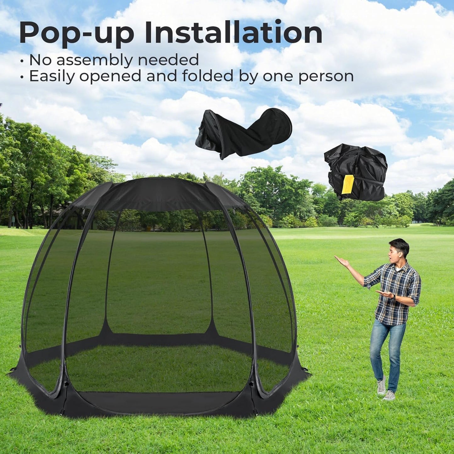 Alvantor® Pop Up House Tent, Outdoor Screen Room, Canopy Tent with UV Resistant, Easy Up Foldable Screen House for Camping Garden, Black, 10 x10 FT