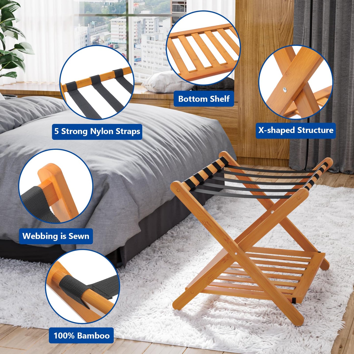 Smuxee Fully Assembled Honey Luggage Racks Pack of 2, Upgraded Bamboo Foldable Suitcase Stand with 5 Nylon Straps, Luggage Holder with Shelf for Guest Room Bedroom Hotel
