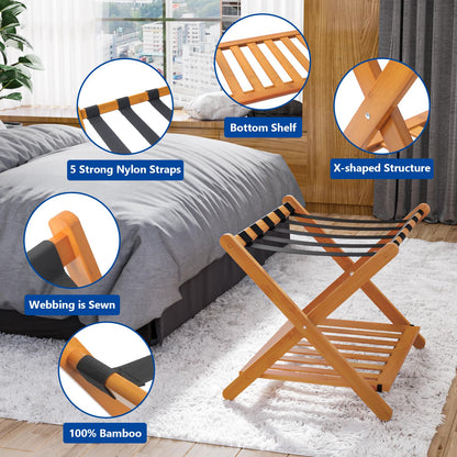 Smuxee Fully Assembled Honey Luggage Racks Pack of 2, Upgraded Bamboo Foldable Suitcase Stand with 5 Nylon Straps, Luggage Holder with Shelf for Guest Room Bedroom Hotel