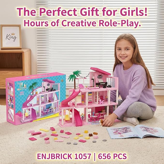 ENJBRICK Pink Music Villa with Spiral Slide 656Pcs Pop Star House Building Toy w/Piano &amp Microphone 3-Story Friends Cottage Compatible with Lego Birthday for Girls 8-12