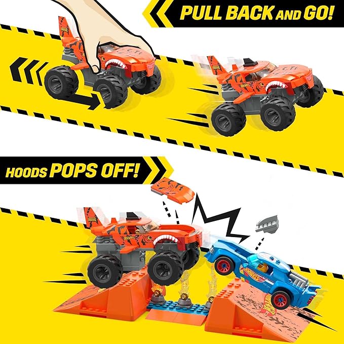 MEGA Hot Wheels Monster Trucks Toy Building Set Smash &amp Crash Tiger Shark Chomp Course with 245 Pieces 2 Micro Figure Drivers Orange Age 5+ Years