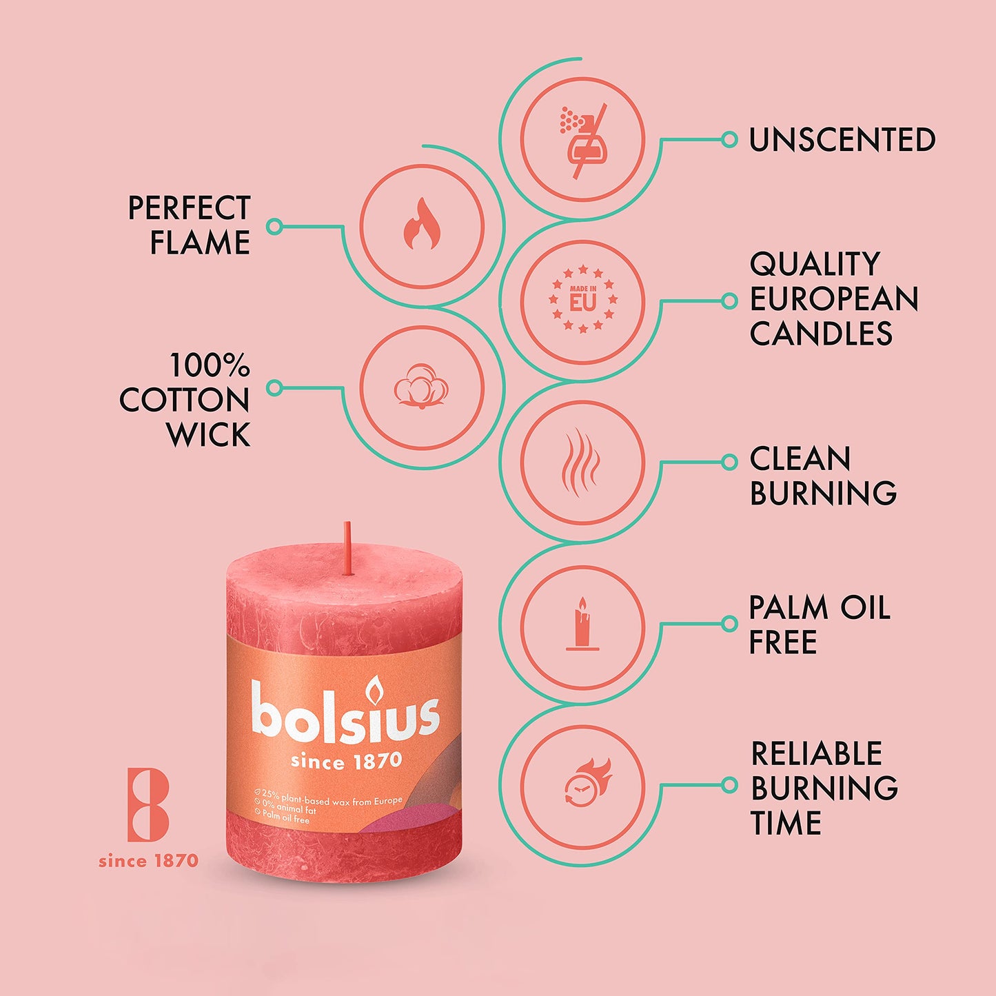 BOLSIUS 4 Pack Blossom Pink Rustic Pillar Candles - 2.75 X 3.25 Inches - Premium European Quality - Includes Natural Plant-Based Wax - Unscented Dripless Smokeless 35 Hour Party Décor Candles
