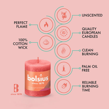 BOLSIUS 4 Pack Blossom Pink Rustic Pillar Candles - 2.75 X 3.25 Inches - Premium European Quality - Includes Natural Plant-Based Wax - Unscented Dripless Smokeless 35 Hour Party Décor Candles