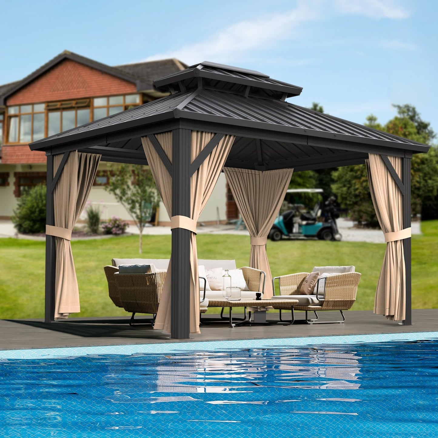 10' x 12' Hardtop Gazebo, All-Weather Aluminum Frame Outdoor Canopy with Double Polycarbonate Roof, Permanent Outdoor Gazebo with Netting & Curtains for Garden, Lawns, Patio, Khaki.