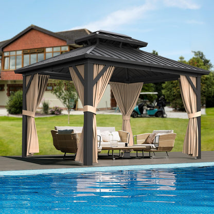 10' x 12' Hardtop Gazebo, All-Weather Aluminum Frame Outdoor Canopy with Double Polycarbonate Roof, Permanent Outdoor Gazebo with Netting & Curtains for Garden, Lawns, Patio, Khaki.