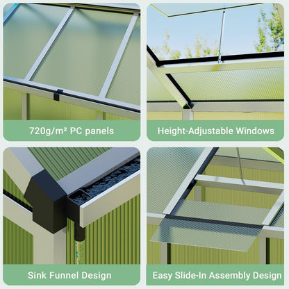 6X10 FT Greenhouse, Greenhouses for Outside, Aluminum Frame Polycarbonate Panels with Sliding Lockable Door and Ajustable Roof Vent, Spacious Walk-in Design for Backyard, Garden, Patio, Silver