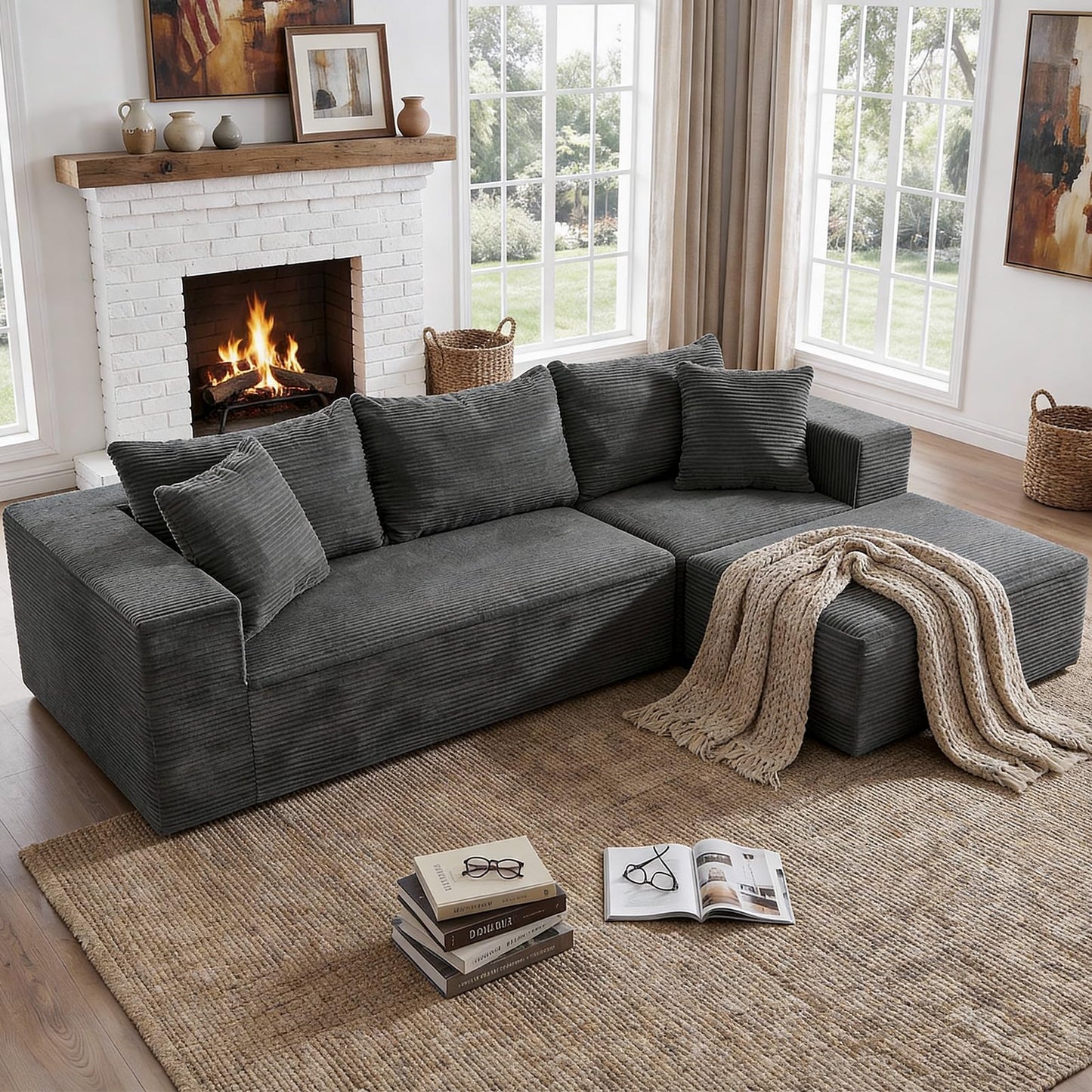 INGEROOM 108" Cloud Sectional Couch with L-Shape Chaise, Modular Sofa Memory Foam, Boneless Sofa with Movable Ottoman, Upholstered Couches for Living Room Bedroom, No Assembly Required, Dark Gray