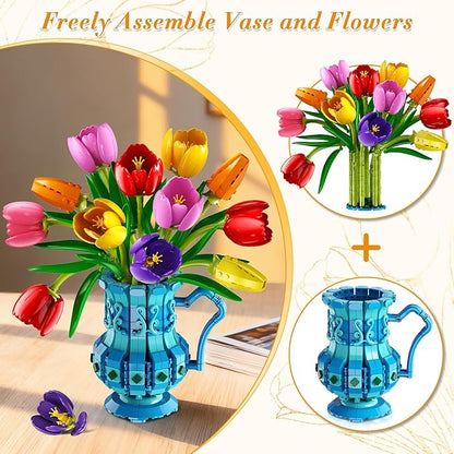 Flowers Bouquet Building Set with Vase - Tulips Bonsai Building Block for Adults Easter Gift for Her/Wife/Mom/Girlfriend 768PCS Artificial Plant Botanical Collection for Home Decor