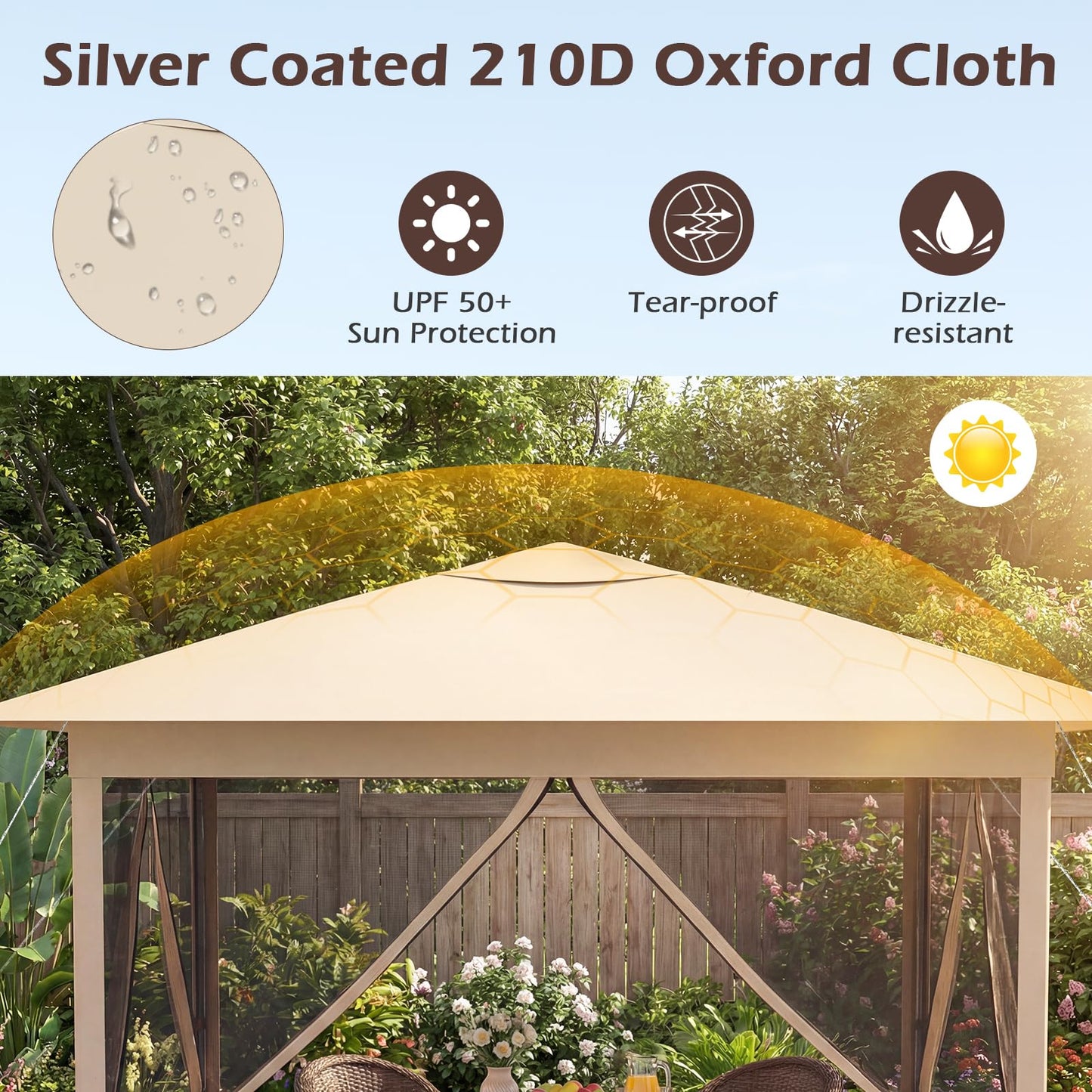 Happygrill 11.5 X 11.5 FT Pop-up Canopy Tent, One-Person Easy Setup Outdoor Screen Gazebo w/Mesh Netting, Vented Top, 4 Doors, Carry Bag, Portable Heavy-Duty Sun Shelter for Party Picnic (Beige)