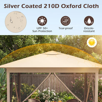 Happygrill 11.5 X 11.5 FT Pop-up Canopy Tent, One-Person Easy Setup Outdoor Screen Gazebo w/Mesh Netting, Vented Top, 4 Doors, Carry Bag, Portable Heavy-Duty Sun Shelter for Party Picnic (Beige)