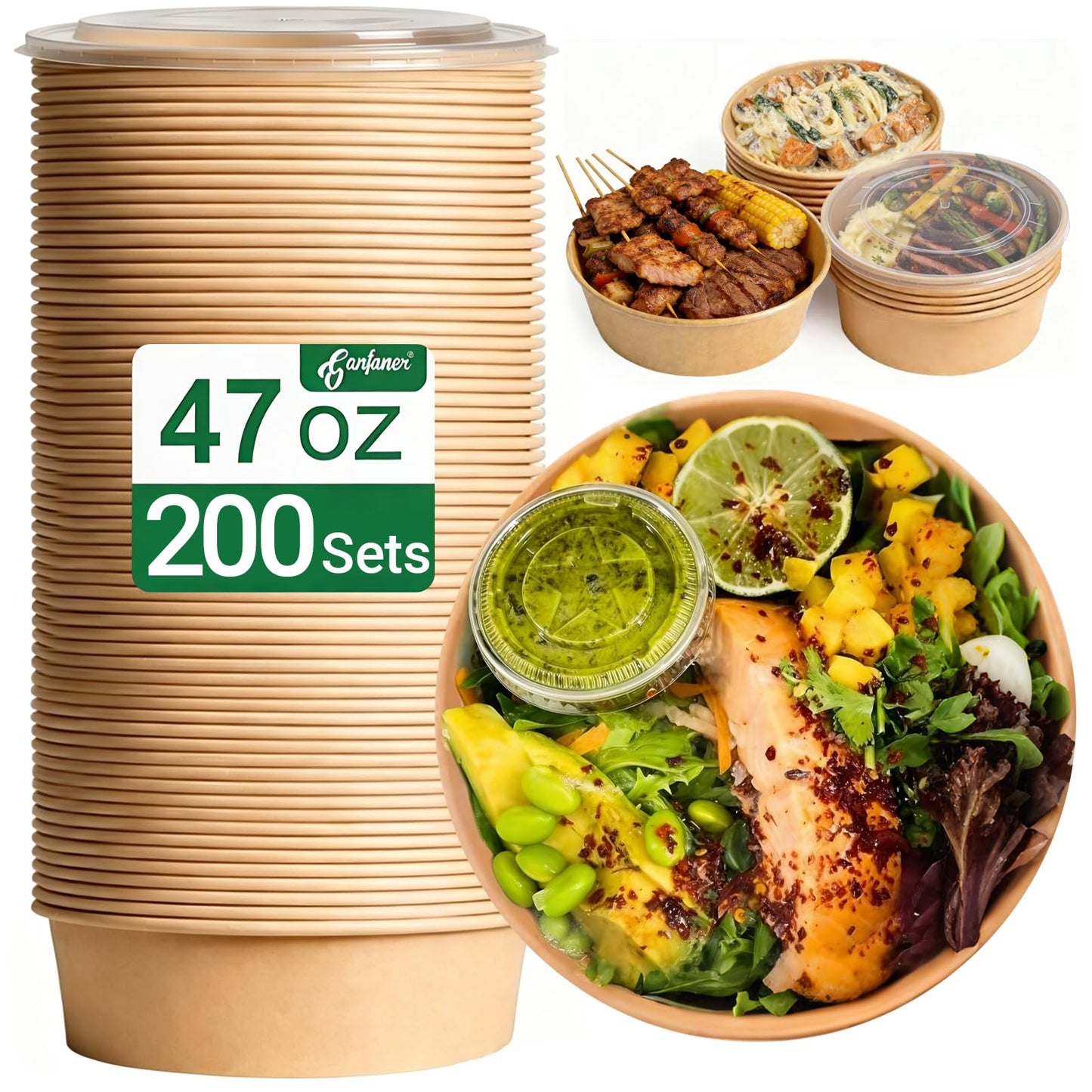 ganfaner 47oz Disposable Meal Prep Food Container w/Lids, 200 Sets Deli Bowl Paper Box To Go, Sturdy Bulk Pack for Event Restaurant Food Serving Salad Soup Pho Acai Picnic