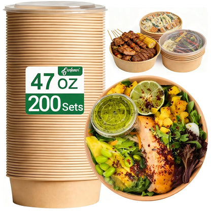 ganfaner 47oz Disposable Meal Prep Food Container w/Lids, 200 Sets Deli Bowl Paper Box To Go, Sturdy Bulk Pack for Event Restaurant Food Serving Salad Soup Pho Acai Picnic