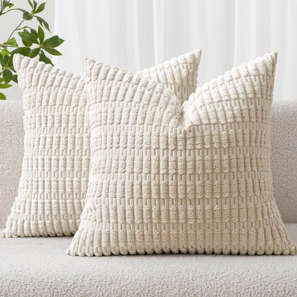 MIULEE Corduroy Decorative Throw Pillow Covers - Soft Boho Striped Design | 12x12 Inch Cream White for Modern Farmhouse Decor