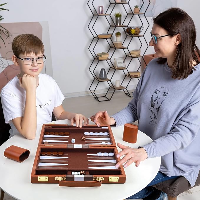 Backgammon Set 2 Players Classic Backgammon Sets for Adults Board Game with PU Leather Case Portable and Travel Backgammon Set (Brown 15inch)
