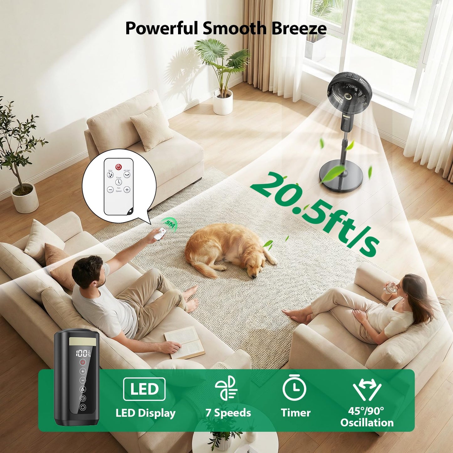 Ausic Outdoor Misting Fan for Patio, 30000mAh Rechargeable Battery Powered Cordless Pedestal Fan, 12" Oscillating Portable Cooling Fan, Standing Fan with Remote Mister for Camping/Backyard