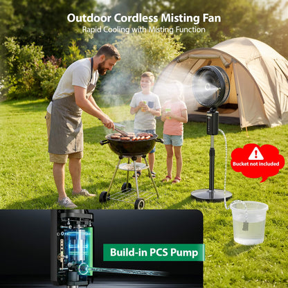 Ausic Outdoor Misting Fan for Patio, 30000mAh Rechargeable Battery Powered Cordless Pedestal Fan, 12" Oscillating Portable Cooling Fan, Standing Fan with Remote Mister for Camping/Backyard