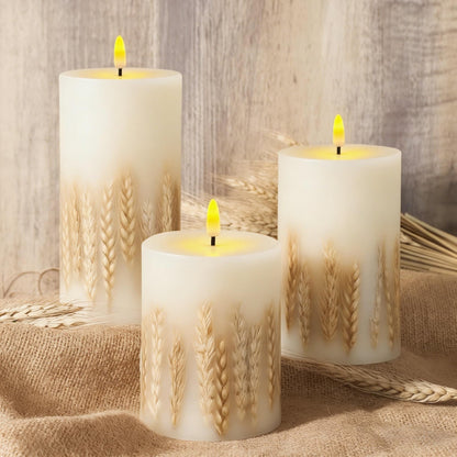 Remineux Flameless LED Candle with Embedded Natural Wheat, Battery-Operated Real Wax Pillar Candle, Flickering Flame Effect, Remote Control, Rustic Farmhouse Decor, Unscented, White (3.25 * 6in)
